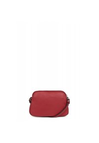 Borsa a tracolla rossa in pelle con una texture liscia, forma rettangolare, chiusura con zip superiore e tracolla regolabile.