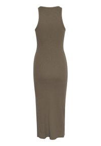 Robe midi marron sans manches en maille côtelée avec encolure ronde et silhouette ajustée, vue de dos.