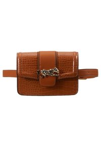 Ruskea tekonahkainen laukku, jossa on krokotiiliraidoitus, kultaiset yksityiskohdat ja leopardikuosi. Varustettu läppäsuljennalla ja säädettävällä hihnalla.