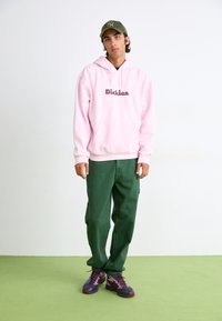 Felpa rosa chiaro con logo "Dickies", abbinata a pantaloni cargo verdi. Il modello indossa sneakers multicolori e si trova su un pavimento verde.