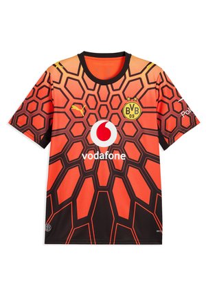 Camiseta de fútbol del Borussia Dortmund con patrón hexagonal en naranja y negro, con logo de Vodafone, emblema de Puma y escudo BVB 09 en el frente.