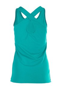 Tauchfarbener Sporttanktop mit gekreuzten Trägern auf der Rückseite, aus weichem Material, mit einem abgerundeten Detail im unteren Rückenbereich.