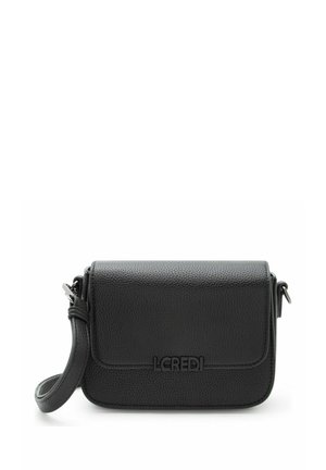 Sac bandoulière en cuir noir texturé avec fermeture à rabat et sangle réglable, arborant le logo "LCREDI" au centre avant.