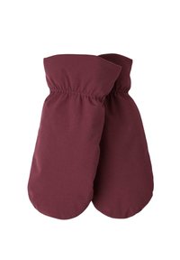 Moufles bordeaux avec une texture douce et lisse et des poignets élastiqués pour un ajustement confortable. Forme arrondie conçue pour la chaleur et le confort.