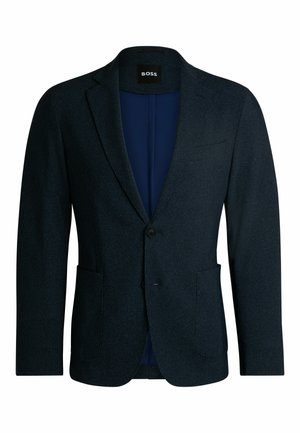 Blazer navy in tessuto testurizzato, con due tasche frontali, chiusura a un bottone e rever a punte. Interno foderato.