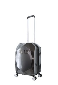 Hard-shell suitcase in glossy gray. Faceted design with “ELLE” embossed. Features a retractable handle and four spinner wheels.