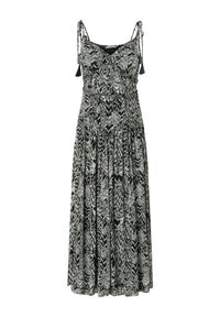 Melna un balta bezapkakles maksi kleita ar abstraktu ģeometrisku rakstu un regulējamām siksniņām ar bārkstīm.