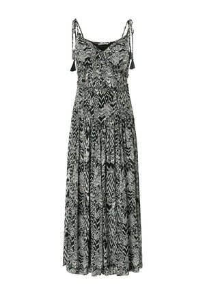 Vestido maxi sin mangas en blanco y negro con patrón geométrico abstracto y tirantes ajustables con borlas.