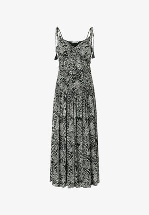 Schwarz-weißes ärmelloses Maxikleid mit abstraktem geometrischem Muster und verstellbaren Trägern mit Quasten.