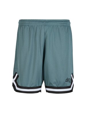 Green mesh athletic shorts with an elastic waistband, featuring black and white accents at the hems and a logo on the lower leg.