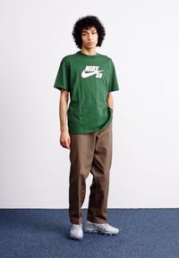 Green short-sleeved t-shirt with white Nike SB logo, paired with brown trousers and silver athletic sneakers. Simple design, relaxed fit.
