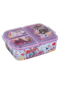 Paarse plastic lunchbox met drie compartimenten, voorzien van herfstbladpatronen en cartoonfiguren uit een winterthema-animatie.