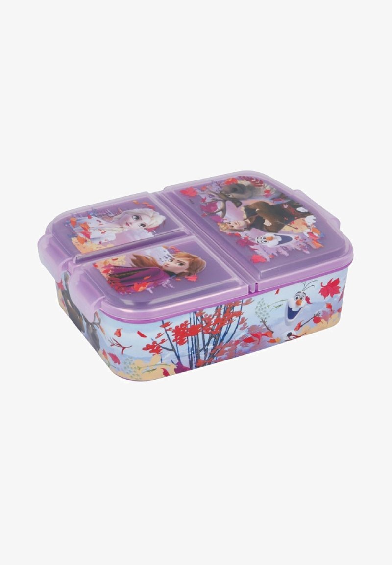 Paarse plastic lunchbox met drie compartimenten, voorzien van herfstbladpatronen en cartoonfiguren uit een winterthema-animatie.