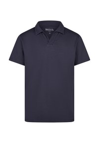 Granatowa koszulka polo, krótki rękaw, dekolt w kształcie litery V, wykonana z miękkiego materiału bawełnianego. Posiada minimalne logo na kołnierzyku.