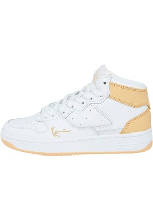 White high-top sneakers with yellow accents, made of smooth leather, featuring perforated detailing, flat laces, and a textured rubber sole.