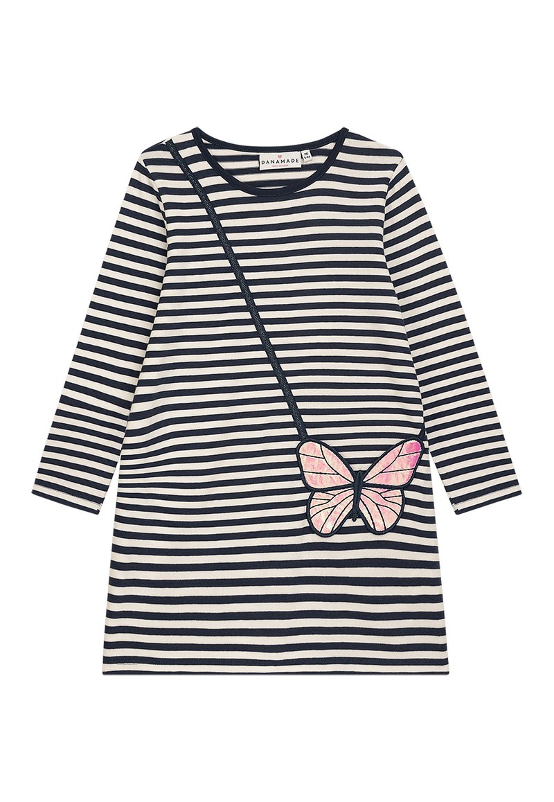 Gestreiftes Kleid mit langen Ärmeln, in Marineblau und Cremefarben, runder Ausschnitt und einer rosa Schmetterlingsapplikation auf der Vorderseite.
