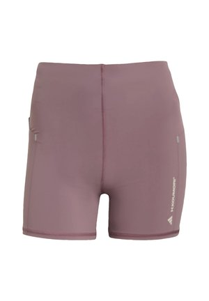 Getailleerde sportshorts in mauve stof met een gladde textuur. Voorzien van twee zijzakken en subtiele reflecterende details aan de voorkant.