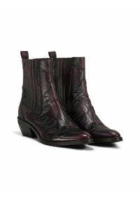 Stivali alla caviglia in pelle bordeaux scuro con cuciture decorative, design in stile occidentale, tacco basso impilato e pannelli elastici laterali per una facile vestibilità.