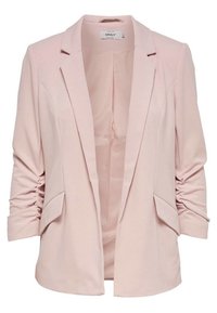 Ljusrosa blazer med slagkrage, öppen front och rynkade ärmar. Har två framfickor och en jämn tygtextur.