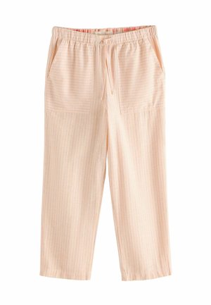 Hellrosa locker sitzende Hose mit dünnen vertikalen Streifen, elastischem Bund, Kordelzug und vorderen aufgesetzten Taschen.