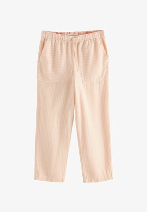 Hellrosa locker sitzende Hose mit dünnen vertikalen Streifen, elastischem Bund, Kordelzug und vorderen aufgesetzten Taschen.