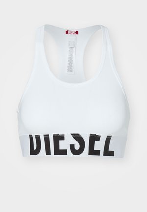 Sutiã atlético branco com uma larga faixa preta onde está o texto "DIESEL" em negrito. Tecido suave, design às costas em corrida, detalhes de costura minimalistas.