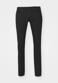 Jeans negros de corte ajustado, fabricados en una mezcla de algodón, que cuentan con cinco bolsillos, cremallera y detalles de costura sutiles. Textura suave y diseño clásico.
