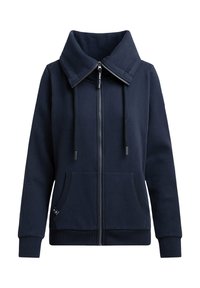 Navy blue zip-up hoodie with high collar, drawstrings, front pockets, and ribbed cuffs and hem.