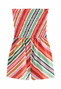 Combinaison rayée colorée avec un corsage smocké, présentant des rayures diagonales dans des tons de rouge, vert, rose et orange sur un tissu texturé.