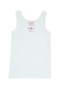 Biała bawełniana koszulka bez rękawów z okrągłym dekoltem, z małą różową kokardką i trzema różowymi sercami nad słowem "Love" w kursywie.