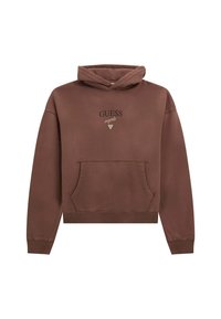 Hoodie cropped marrone in cotone con cappuccio regolabile, tasca a marsupio frontale e logo "GUESS" ricamato in nero sopra un design a triangolo.