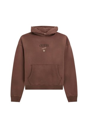 Hoodie cropped marrone in cotone con cappuccio regolabile, tasca a marsupio frontale e logo "GUESS" ricamato in nero sopra un design a triangolo.