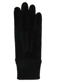 Gant en cuir noir avec une surface en daim texturé, un poignet en maille côtelée et cinq compartiments pour les doigts. Détails de couture au niveau des doigts.