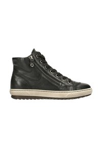 Schwarze Leder High-Top Sneaker mit Schnürung vorne, seitlichem Reißverschluss, Gummisohle und kontrastierenden beigen Akzenten an der Sohle und den Nähten.