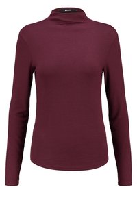 Burgundská dlouhá rukávová roláková halenka vyrobená z žebrované tkaniny, s přiléhavým designem a vysokým límcem pro pohodlné nošení.