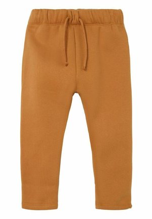 Pantalones deportivos para niños pequeños de color marrón claro, con cintura elástica y cordón, confeccionados con una tela suave y cómoda.