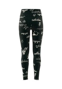 Leggings neri con un motivo grafico bianco ripetuto che presenta il testo "adidas" e disegni giocosi di attrezzature sportive e figure.