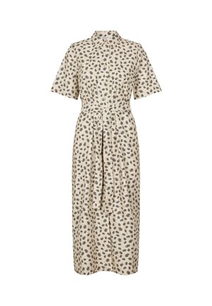 Beige Hemdkleid mit kurzen Ärmeln, tailliertem Schnitt und floralem Muster. Mit Knöpfen entlang der Vorderseite und einem passenden Gürtel.