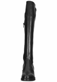 Botte noire au-dessus du genou en cuir lisse, dotée d'une fermeture éclair sur le côté et d'un bout arrondi, avec une silhouette épurée et ajustée.