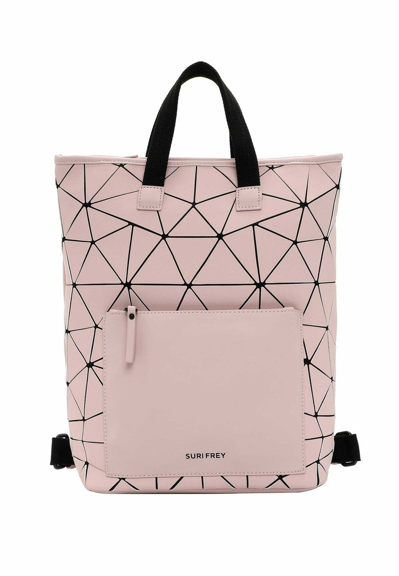Zaino rosa con motivo geometrico in materiale sintetico, caratterizzato da accenti neri, una tasca frontale e due manici neri per il trasporto.