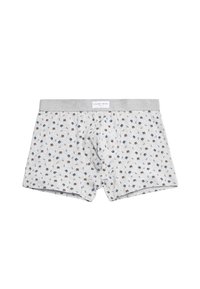 Boxer breves de hombre en gris claro con un pequeño patrón de cerezas azules y marrones y una cinturilla gris etiquetada como "Ysabel Mora".