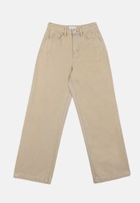 Beige kalhoty s širokými nohavicemi vyrobené z denimu, s vysokým páskem, předními kapsami a kontrastním prošíváním. Design zahrnuje zapínání na knoflík.