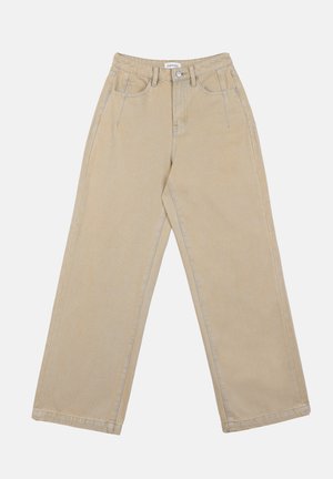 Pantalons larges beiges en denim, avec une taille haute, des poches avant et des coutures contrastées. Le design inclut un fermoir à boutons.