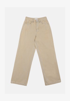 Bež hlače širokega kroja iz denima, ki imajo visok pas, sprednje žepke in kontrastno šivano obrobo. Oblikovanje vključuje gumbasto zapiranje.