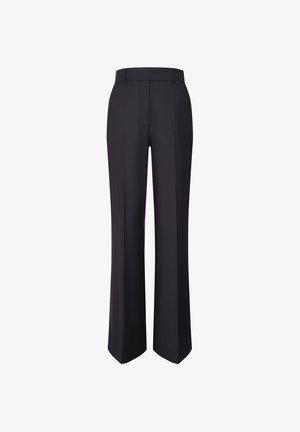 Pantaloni dritti neri con design su misura, caratterizzati da una parte anteriore piatta, passanti per cintura e una texture liscia. Linee pulite e senza tasche visibili.