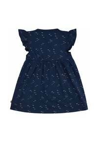 Abito blu navy con maniche corte a volant, vita arricciata e un motivo di piccoli uccelli chiari su tutta la stoffa.