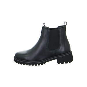 Black leather Chelsea boot with elastic side panels, pull tabs, and chunky lug sole, viewed from the outer side.