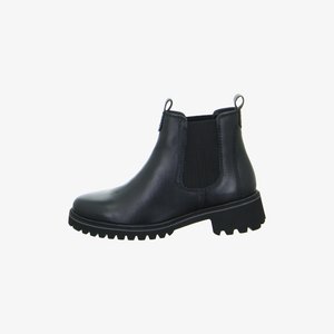 Schwarzer Chelsea-Stiefel aus Leder mit elastischen Seiteneinsätzen, Zuglaschen und grober Profilsohle, von der Außenseite gesehen.