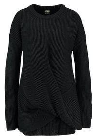 Schwarzer gestrickter Pullover mit geripptem Muster, asymmetrischem Wickeldesign und weitem Rundhalsauschnitt mit langen Ärmeln.