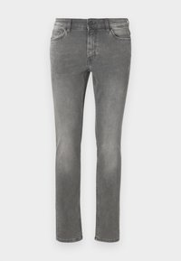 Jeans de denim gris con un diseño de pierna recta, estilo de cinco bolsillos, ligeras decoloraciones y costuras contrastantes a lo largo de las costuras.